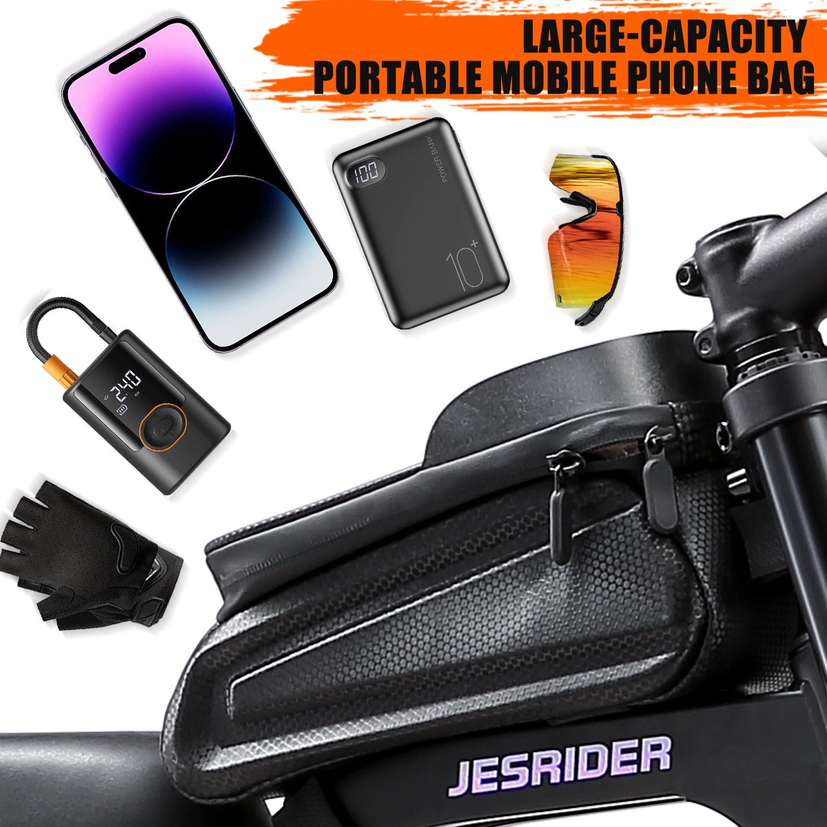 `Large-capacity frame bag on the G650 electric bike for carrying a phone, power bank, sunglasses, pump and gloves`