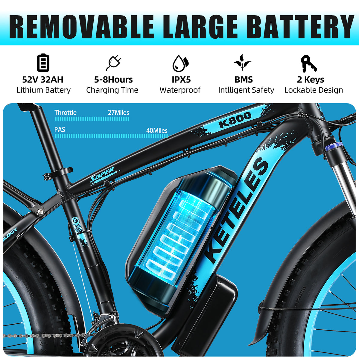 KETELES K800 electric bike 52V 32Ah battery detail