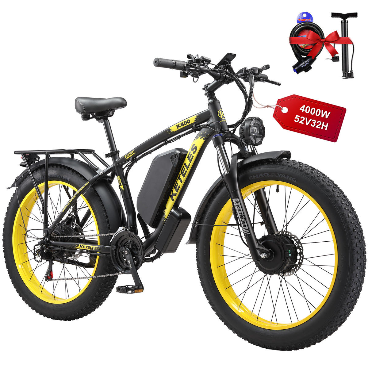 KETELES Yellow K800 4000W 52V32AH Dual Motor Fat Tire Electric Bike