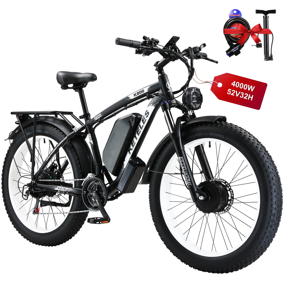KETELES Black K800 4000W 52V32AH Dual Motor Fat Tire Electric Bike