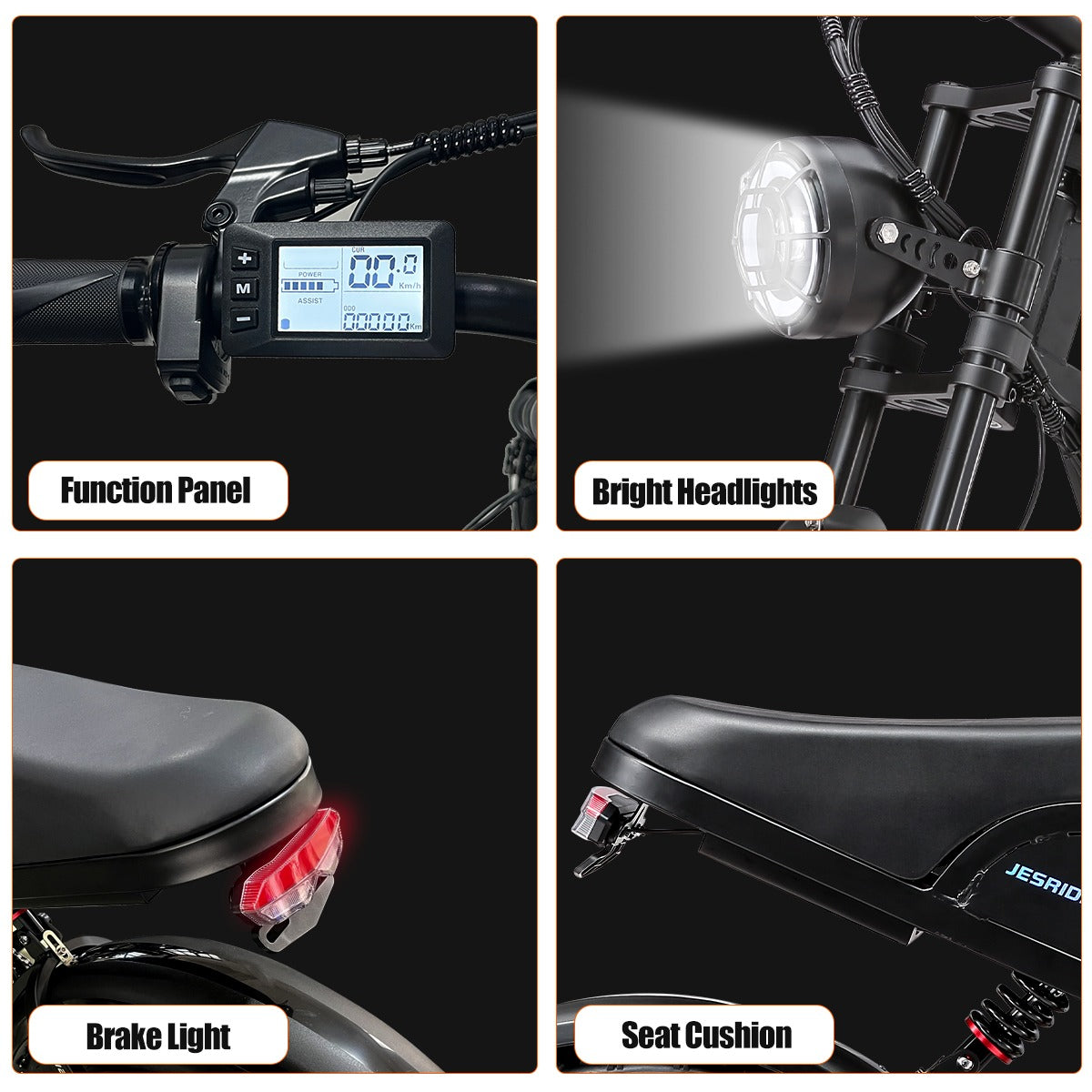 G650 electric bike display, bright headlight, brake light and padded seat details