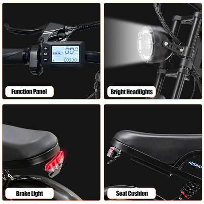 G650 electric bike display, bright headlight, brake light and padded seat details