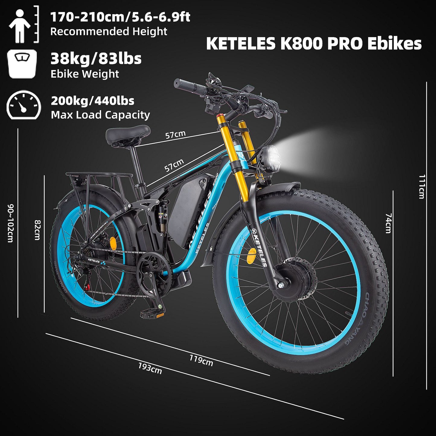 KETELES K800 PRO 26'' Fat Tire AWD Electric Bike 2000W Ebikes